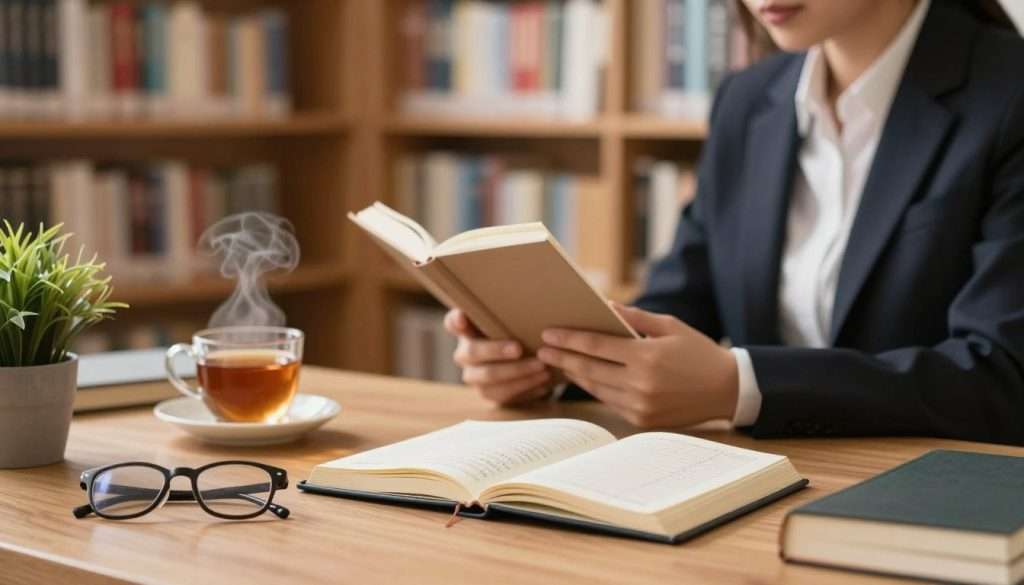 A serene library setting filled with shelves of books bathed in warm, soft lighting. In the foreground, a neatly organized desk showcases a planner open to a daily schedule, surrounded by reading glasses, a steaming cup of tea, and a small desk plant for a touch of greenery. The middle ground features a person, dressed in professional business attire, actively reading a book while taking notes. The background displays tall bookshelves with books organized by color, creating a visually appealing backdrop. The atmosphere is calm and focused, encouraging productivity and concentration. Use a shallow depth of field to emphasize the desk and reading areas, creating a sense of intimacy and inviting focus on effective time management for reading. A serene library setting filled with shelves of books bathed in warm, soft lighting. In the foreground, a neatly organized desk showcases a planner open to a daily schedule, surrounded by reading glasses, a steaming cup of tea, and a small desk plant for a touch of greenery. The middle ground features a person, dressed in professional business attire, actively reading a book while taking notes. The background displays tall bookshelves with books organized by color, creating a visually appealing backdrop. The atmosphere is calm and focused, encouraging productivity and concentration. Use a shallow depth of field to emphasize the desk and reading areas, creating a sense of intimacy and inviting focus on effective time management for reading.