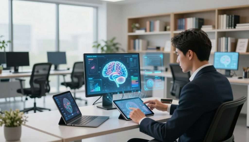 A serene, modern workspace filled with various advanced learning tools. In the foreground, a focused individual dressed in professional business attire is engaged with a digital tablet, surrounded by holographic displays showcasing visualizations of brain mapping, data charts, and rapid information processing techniques. The middle ground features ergonomic furniture and a sleek bookshelf, filled with books on accelerated learning and cognitive science. In the background, large windows allow natural light to flood the space, creating a bright and inspiring atmosphere. The overall mood is innovative and motivational, emphasized by soft diffused lighting and a spacious layout that promotes concentration and creativity.