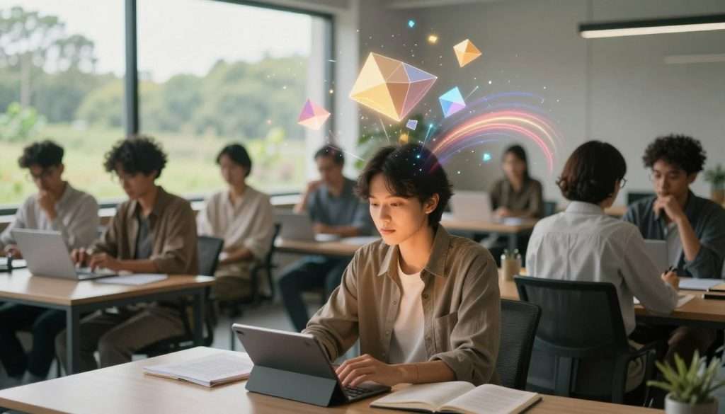 A serene office environment during a moment of cognitive flow, showcasing a diverse group of professionals in smart casual attire, deeply engaged in brainstorming ideas. In the foreground, a person sits at a desk with open notebooks and a digital tablet, their expression illuminated by warm light, indicating a moment of breakthrough. The middle layer features floating geometric shapes and vibrant light trails symbolizing innovation, seamlessly blending around them. The background reveals a large window with a view of a peaceful nature scene, emphasizing the balance between study and break. Soft natural light streams in, creating an inviting atmosphere, encouraging creativity and focus. The composition should evoke a sense of calm and inspiration, capturing the essence of productive breaks leading to innovative thoughts.