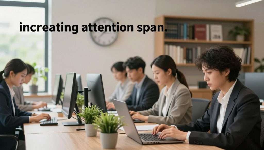 A serene office environment illustrating the theme of "increasing attention span." In the foreground, a diverse group of professionals, dressed in business attire, are engaged in focused work at sleek desks adorned with minimalistic plants and modern technology. In the middle ground, a wall clock subtly highlights time management, while a nearby window offers a glimpse of vibrant nature outside, symbolizing the importance of breaks. The background features a soft-focus bookshelf filled with cognitive science books, suggesting knowledge and growth. Soft, warm lighting creates a calm atmosphere, while a slight lens blur adds depth, emphasizing the professionals' concentration and mental endurance amidst a world of distractions. The overall mood is inspiring and motivational, reflecting a balance of productivity and well-being. A serene office environment illustrating the theme of "increasing attention span." In the foreground, a diverse group of professionals, dressed in business attire, are engaged in focused work at sleek desks adorned with minimalistic plants and modern technology. In the middle ground, a wall clock subtly highlights time management, while a nearby window offers a glimpse of vibrant nature outside, symbolizing the importance of breaks. The background features a soft-focus bookshelf filled with cognitive science books, suggesting knowledge and growth. Soft, warm lighting creates a calm atmosphere, while a slight lens blur adds depth, emphasizing the professionals' concentration and mental endurance amidst a world of distractions. The overall mood is inspiring and motivational, reflecting a balance of productivity and well-being.