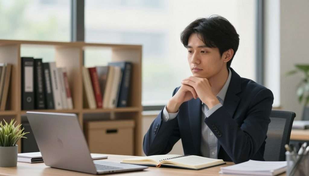 A serene office environment showcasing the concept of metacognition. In the foreground, there is a thoughtful individual, dressed in professional business attire, sitting at a desk with an open notebook and a laptop, deep in reflection. In the middle ground, a bookshelf filled with various psychology and self-improvement books symbolizes knowledge and the pursuit of understanding one's thought processes. The background features a large window with soft, natural light filtering in, creating a warm and inviting atmosphere. The scene captures a moment of introspection, with a calm and focused expression on the individual’s face, conveying a sense of clarity and insight. The overall mood is contemplative, emphasizing strategies for self-awareness and growth. A serene office environment showcasing the concept of metacognition. In the foreground, there is a thoughtful individual, dressed in professional business attire, sitting at a desk with an open notebook and a laptop, deep in reflection. In the middle ground, a bookshelf filled with various psychology and self-improvement books symbolizes knowledge and the pursuit of understanding one's thought processes. The background features a large window with soft, natural light filtering in, creating a warm and inviting atmosphere. The scene captures a moment of introspection, with a calm and focused expression on the individual’s face, conveying a sense of clarity and insight. The overall mood is contemplative, emphasizing strategies for self-awareness and growth.