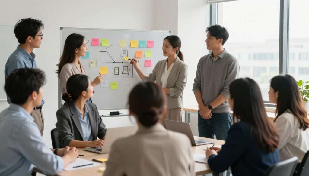 A serene office environment symbolizing the removal of barriers to positive behaviors. In the foreground, a diverse group of professionals dressed in smart casual attire is engaged in a collaborative brainstorming session, their expressions reflecting enthusiasm and hope. In the middle ground, an open whiteboard featuring colorful sticky notes and diagrams showcases ideas being shared freely, emphasizing communication and cooperation. In the background, large windows allow soft, warm natural light to fill the room, enhancing a welcoming atmosphere. The overall mood is optimistic and progressive, conveying teamwork and the importance of removing obstacles to encourage positive actions. The image is captured with a slightly angled perspective, focusing on the professionals' interactions and the vibrant office space, creating an inviting and inspiring setting. A serene office environment symbolizing the removal of barriers to positive behaviors. In the foreground, a diverse group of professionals dressed in smart casual attire is engaged in a collaborative brainstorming session, their expressions reflecting enthusiasm and hope. In the middle ground, an open whiteboard featuring colorful sticky notes and diagrams showcases ideas being shared freely, emphasizing communication and cooperation. In the background, large windows allow soft, warm natural light to fill the room, enhancing a welcoming atmosphere. The overall mood is optimistic and progressive, conveying teamwork and the importance of removing obstacles to encourage positive actions. The image is captured with a slightly angled perspective, focusing on the professionals' interactions and the vibrant office space, creating an inviting and inspiring setting.