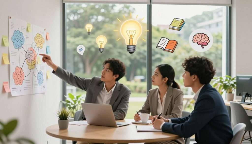 A serene office space filled with soft natural light. In the foreground, a diverse group of three professionals, wearing smart business attire, engaged in a collaborative discussion at a round table. One person gestures towards colorful mind maps and sticky notes pinned to a nearby wall, symbolizing the act of meaningful association. In the middle ground, visually striking visuals of light bulbs, books, and brain icons float gently around the group, representing ideas and memory concepts. In the background, a large window frames a peaceful garden outside, enhancing the atmosphere of creativity and focus. The overall mood is inspiring and collaborative, with a warm color palette to evoke a sense of discovery and cognitive enhancement. A serene office space filled with soft natural light. In the foreground, a diverse group of three professionals, wearing smart business attire, engaged in a collaborative discussion at a round table. One person gestures towards colorful mind maps and sticky notes pinned to a nearby wall, symbolizing the act of meaningful association. In the middle ground, visually striking visuals of light bulbs, books, and brain icons float gently around the group, representing ideas and memory concepts. In the background, a large window frames a peaceful garden outside, enhancing the atmosphere of creativity and focus. The overall mood is inspiring and collaborative, with a warm color palette to evoke a sense of discovery and cognitive enhancement.