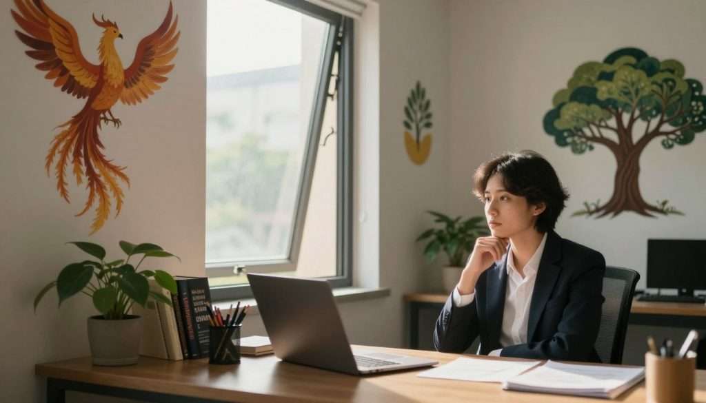 A serene office space serves as the foreground, with a person in professional business attire sitting at a desk, deep in thought, surrounded by motivational books and a potted plant symbolizing growth. In the middle, an open window allows natural light to filter in, casting soft shadows and highlighting the person’s focused expression. On the walls, abstract images of a phoenix rising and a tree symbolizing resilience create an inspiring backdrop. The atmosphere is calm yet energizing, reflecting a sense of exploration and personal development. The angle captures both the subject and the environment, evoking a feeling of introspection and a journey towards identity and sustainable change. A serene office space serves as the foreground, with a person in professional business attire sitting at a desk, deep in thought, surrounded by motivational books and a potted plant symbolizing growth. In the middle, an open window allows natural light to filter in, casting soft shadows and highlighting the person’s focused expression. On the walls, abstract images of a phoenix rising and a tree symbolizing resilience create an inspiring backdrop. The atmosphere is calm yet energizing, reflecting a sense of exploration and personal development. The angle captures both the subject and the environment, evoking a feeling of introspection and a journey towards identity and sustainable change.