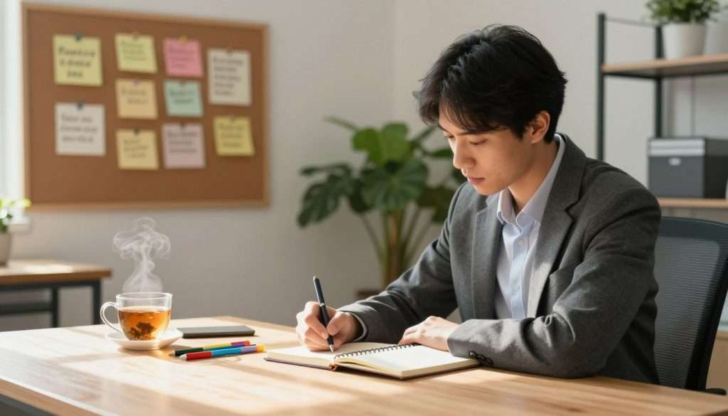 A serene office workspace is depicted as the foreground, with a wooden desk that holds a neatly arranged notebook, colorful pens, and a steaming cup of herbal tea. A focused individual in professional attire, seated comfortably, is seen documenting insights in the notebook, their expression reflecting deep thought. In the middle ground, a window shows soft, natural light pouring in, illuminating the area and casting gentle shadows. On the wall, a large corkboard displays pinned notes and inspirational quotes about cognitive development. The background features a lush green plant, enhancing the atmosphere of tranquility and mindfulness. The overall mood is calm and inspiring, with a warm color palette, promoting a sense of clarity and motivation for cognitive enhancement practices. A serene office workspace is depicted as the foreground, with a wooden desk that holds a neatly arranged notebook, colorful pens, and a steaming cup of herbal tea. A focused individual in professional attire, seated comfortably, is seen documenting insights in the notebook, their expression reflecting deep thought. In the middle ground, a window shows soft, natural light pouring in, illuminating the area and casting gentle shadows. On the wall, a large corkboard displays pinned notes and inspirational quotes about cognitive development. The background features a lush green plant, enhancing the atmosphere of tranquility and mindfulness. The overall mood is calm and inspiring, with a warm color palette, promoting a sense of clarity and motivation for cognitive enhancement practices.