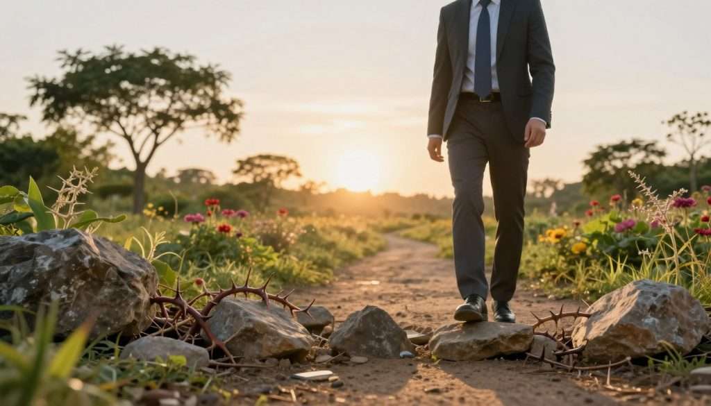 A serene outdoor scene capturing the essence of personal growth through discomfort. In the foreground, a path lined with obstacles like rocks and thorns symbolizes challenges; a person dressed in professional business attire stands confidently, contemplating their next step, embodying determination. The middle ground features a vibrant natural landscape with diverse flora and a few trees, suggesting resilience and growth. In the background, a rising sun casts warm, golden light, illuminating the path ahead, creating a hopeful atmosphere. The image should evoke feelings of perseverance and enlightenment, emphasizing the long-term benefits of embracing discomfort for personal development. Use a soft focus and a slightly low angle to enhance the subject's empowerment against the lush surroundings.
