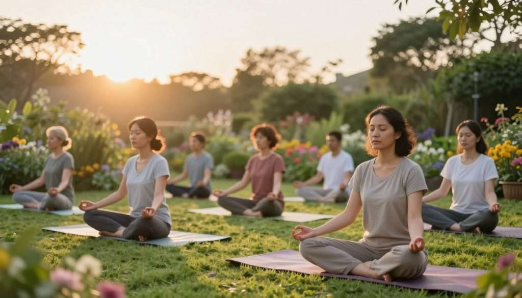 A serene outdoor scene depicting a peaceful garden at dawn, where a diverse group of individuals, dressed in modest casual clothing, practice mindfulness through meditation and gentle yoga poses. In the foreground, a woman sits cross-legged on the grass, her eyes closed, embodying tranquility. The middle ground features others practicing slow movements, surrounded by vibrant flowers and plants, symbolizing growth and patience. In the background, a soft sunrise casts a warm, golden light across the scene, illuminating the lush greenery and creating a sense of calm and focus. The atmosphere is one of serenity and reflection, emphasizing the importance of cultivating mindfulness for lasting concentration. The composition is captured with a shallow depth of field to highlight the participants, providing a sense of intimacy and focus.
