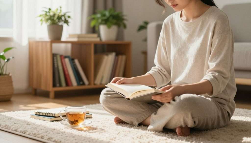 A serene scene of a person engaged in mindful reading, sitting cross-legged on a soft, plush rug in a cozy, well-lit room. The foreground features the reader, a young adult in casual, modest attire, deeply focused on an open book resting on their lap, surrounded by a few scattered notebooks and a cup of herbal tea. The middle ground includes a wooden shelf lined with colorful books and green potted plants, creating an inviting, studious atmosphere. In the background, soft golden light streams through a window dressed with sheer curtains, casting gentle shadows that enhance the peaceful mood. The composition captures the essence of reflection and concentration, highlighting the tranquility of slow, intentional reading practices. A serene scene of a person engaged in mindful reading, sitting cross-legged on a soft, plush rug in a cozy, well-lit room. The foreground features the reader, a young adult in casual, modest attire, deeply focused on an open book resting on their lap, surrounded by a few scattered notebooks and a cup of herbal tea. The middle ground includes a wooden shelf lined with colorful books and green potted plants, creating an inviting, studious atmosphere. In the background, soft golden light streams through a window dressed with sheer curtains, casting gentle shadows that enhance the peaceful mood. The composition captures the essence of reflection and concentration, highlighting the tranquility of slow, intentional reading practices.