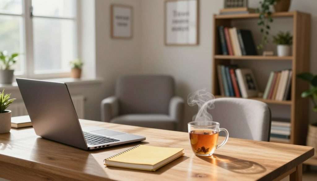 A serene study environment depicting a comfortable, organized workspace. In the foreground, a wooden desk is neatly arranged with a laptop, colorful notebooks, and a steaming mug of herbal tea, reflecting a sense of focus and clarity. In the middle ground, a cozy armchair is positioned beside a tall bookshelf filled with psychology books and plants, inviting relaxation and inspiration. Soft, natural light filters in through a large window, casting gentle shadows and creating a warm atmosphere. In the background, a calm wall adorned with motivational quotes in subtle frames enhances the study environment. The scene evokes a mood of productivity and tranquility, highlighting the importance of a sustainable study space in cognitive psychology techniques. A serene study environment depicting a comfortable, organized workspace. In the foreground, a wooden desk is neatly arranged with a laptop, colorful notebooks, and a steaming mug of herbal tea, reflecting a sense of focus and clarity. In the middle ground, a cozy armchair is positioned beside a tall bookshelf filled with psychology books and plants, inviting relaxation and inspiration. Soft, natural light filters in through a large window, casting gentle shadows and creating a warm atmosphere. In the background, a calm wall adorned with motivational quotes in subtle frames enhances the study environment. The scene evokes a mood of productivity and tranquility, highlighting the importance of a sustainable study space in cognitive psychology techniques.