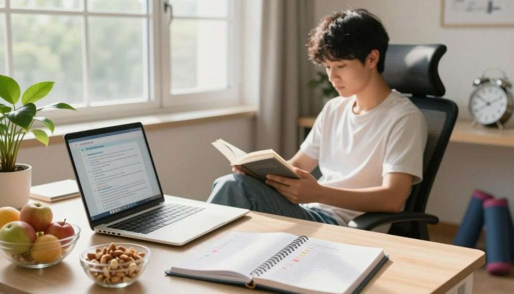 A serene study environment depicting a cozy, well-lit room focused on academic success. In the foreground, a neatly organized desk features a laptop open to a study guide, surrounded by healthy snacks like fruits and nuts. A planner is visible with checkmarks on completed tasks, symbolizing productivity. In the middle, a comfortable ergonomic chair supports a student wearing modest casual clothing, engrossed in reading a book. Their desk is complemented by a healthy plant that symbolizes vitality. In the background, a large window allows soft, natural sunlight to flood the space, enhancing the mood of calmness and focus. The scene emphasizes the importance of sleep and physical health, with imagery of a clock depicting bedtime and exercise equipment subtly placed nearby. The overall atmosphere is tranquil and motivating, reflecting a balanced approach to academic success.