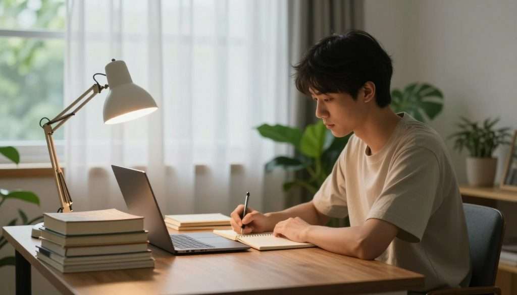 A serene study environment designed to evoke mental clarity and focus. In the foreground, a well-organized desk with a neatly stacked pile of books, a closed laptop, and a glowing desk lamp that emits a warm light. The middle ground features a focused individual in modest casual clothing, sitting with a straight posture, jotting down notes in a notebook, surrounded by plant elements for a calming atmosphere. In the background, a large window with soft natural light filtering through sheer curtains, casting gentle shadows on the wall. The overall mood is peaceful and conducive to concentration, with a color palette of soft greens, warm browns, and inviting yellows, suggesting a harmonious balance ideal for studying.
