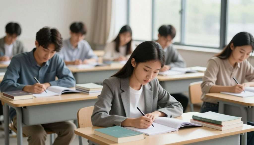 A serene study environment featuring a diverse group of focused students, all dressed in smart casual attire, engaging in productive study sessions. In the foreground, a female student is calmly writing notes at a well-organized desk, surrounded by textbooks and study materials, with a look of determination on her face. The middle layer shows a few students collaborating on a project, sharing ideas and resources, conveying a sense of camaraderie. In the background, a large window lets soft, natural light flood in, illuminating the space and creating a warm, inviting atmosphere. The overall mood is one of calm confidence and preparation, symbolizing the triumph over anxiety through diligent study. Capture this scene using a wide-angle lens to emphasize the collaborative space and maintain a soft focus on the background. A serene study environment featuring a diverse group of focused students, all dressed in smart casual attire, engaging in productive study sessions. In the foreground, a female student is calmly writing notes at a well-organized desk, surrounded by textbooks and study materials, with a look of determination on her face. The middle layer shows a few students collaborating on a project, sharing ideas and resources, conveying a sense of camaraderie. In the background, a large window lets soft, natural light flood in, illuminating the space and creating a warm, inviting atmosphere. The overall mood is one of calm confidence and preparation, symbolizing the triumph over anxiety through diligent study. Capture this scene using a wide-angle lens to emphasize the collaborative space and maintain a soft focus on the background.