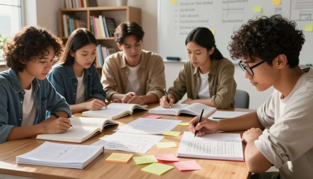 A serene study environment featuring a diverse group of four students deeply engaged in various study methods. In the foreground, a student with glasses is intensely focused on a notebook, surrounded by handwritten notes and colorful sticky notes. The middle ground showcases another pair of students engaged in discussion over textbooks, illustrating interleaved learning techniques. The background includes a large bookshelf filled with educational materials and a whiteboard displaying study strategies. The lighting is warm and inviting, creating a cozy atmosphere, with natural sunlight streaming through a window. The overall mood conveys concentration and collaboration, emphasizing effective study practices without any distractions or clutter.
