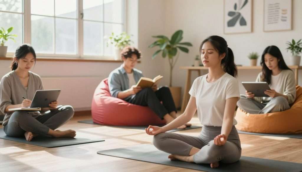 A serene study environment featuring a diverse group of individuals practicing learning strategies. In the foreground, a young woman in professional casual attire is engaged in yoga on a mat, demonstrating mindfulness. The middle ground shows a man reading a book while sitting on a colorful bean bag, surrounded by cushions, and a person taking notes on a tablet at a desk, all exuding focused energy. In the background, a spacious room filled with natural light filters through large windows, with plants and motivational art adorning the walls. The mood is uplifting, with soft, warm colors and gentle sunlight creating an inviting atmosphere. The composition captures an interactive and harmonious blend of movement and study in a focused yet relaxed setting, emphasizing the integration of physical activity and mindfulness in learning routines. A serene study environment featuring a diverse group of individuals practicing learning strategies. In the foreground, a young woman in professional casual attire is engaged in yoga on a mat, demonstrating mindfulness. The middle ground shows a man reading a book while sitting on a colorful bean bag, surrounded by cushions, and a person taking notes on a tablet at a desk, all exuding focused energy. In the background, a spacious room filled with natural light filters through large windows, with plants and motivational art adorning the walls. The mood is uplifting, with soft, warm colors and gentle sunlight creating an inviting atmosphere. The composition captures an interactive and harmonious blend of movement and study in a focused yet relaxed setting, emphasizing the integration of physical activity and mindfulness in learning routines.