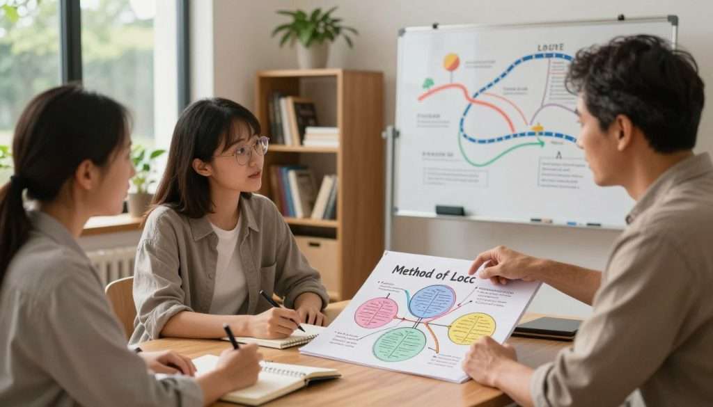 A serene study environment featuring a diverse group of three individuals engaged in a collaborative discussion about memory enhancement techniques. In the foreground, a young woman with glasses takes notes on a notebook, while a middle-aged man gestures towards a large notepad filled with colorful diagrams of the Method of Loci. In the background, a whiteboard illustrates the concept with visual elements like paths and landmarks, symbolizing memory aids. The room is warmly lit with soft, diffuse lighting, creating a cozy yet focused atmosphere. A bookshelf filled with educational texts and plants adds depth, while a window reveals a calm garden outside, enhancing the feeling of clarity and concentration. The overall mood is encouraging and intellectually stimulating. A serene study environment featuring a diverse group of three individuals engaged in a collaborative discussion about memory enhancement techniques. In the foreground, a young woman with glasses takes notes on a notebook, while a middle-aged man gestures towards a large notepad filled with colorful diagrams of the Method of Loci. In the background, a whiteboard illustrates the concept with visual elements like paths and landmarks, symbolizing memory aids. The room is warmly lit with soft, diffuse lighting, creating a cozy yet focused atmosphere. A bookshelf filled with educational texts and plants adds depth, while a window reveals a calm garden outside, enhancing the feeling of clarity and concentration. The overall mood is encouraging and intellectually stimulating.