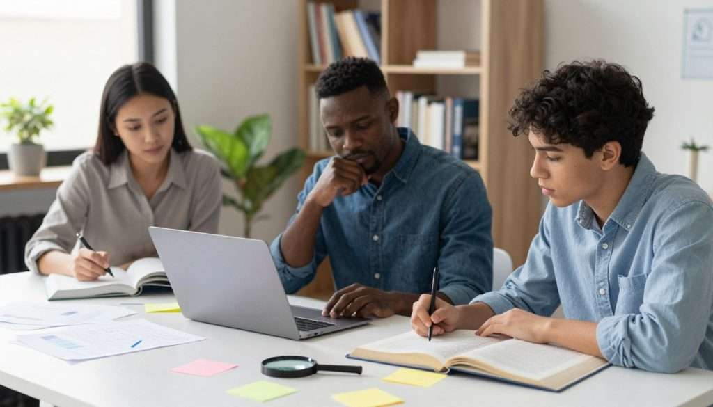 A serene study environment featuring a diverse group of three individuals – a focused woman of Asian descent, a thoughtful man of African descent, and a curious younger person of Hispanic descent, all dressed in professional casual attire. They sit around a large table covered with scientific books, notes, and colorful post-it notes, suggesting spirited discussions and analytical thinking. In the foreground, a magnifying glass rests atop an open book, symbolizing deep examination. The middle ground emphasizes the group's engaged expressions as they collaborate, with scattered papers and a laptop reflecting shared knowledge. The background reveals a bookshelf filled with research texts and plants, illuminated by soft, natural light streaming through a window, creating an atmosphere of inquiry and dedication. The scene captures the essence of synthesis and application in scientific reading.