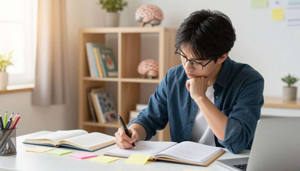 A serene study environment featuring a person engaged in the process of elaborative interrogation and self-explanation. In the foreground, a focused individual in smart casual attire, seated at a desk filled with open notebooks and colorful sticky notes, is deep in thought, jotting down ideas on a notepad. The middle ground showcases a well-organized bookshelf filled with educational materials and brain-themed decor, symbolizing knowledge retention. In the background, soft sunlight filters through a window, creating a warm and inviting atmosphere. The composition should reflect clarity and concentration, using a slightly blurred effect on the background to emphasize the subject's intense focus. Aim for an uplifting and motivating mood, ideal for an educational context. A serene study environment featuring a person engaged in the process of elaborative interrogation and self-explanation. In the foreground, a focused individual in smart casual attire, seated at a desk filled with open notebooks and colorful sticky notes, is deep in thought, jotting down ideas on a notepad. The middle ground showcases a well-organized bookshelf filled with educational materials and brain-themed decor, symbolizing knowledge retention. In the background, soft sunlight filters through a window, creating a warm and inviting atmosphere. The composition should reflect clarity and concentration, using a slightly blurred effect on the background to emphasize the subject's intense focus. Aim for an uplifting and motivating mood, ideal for an educational context.