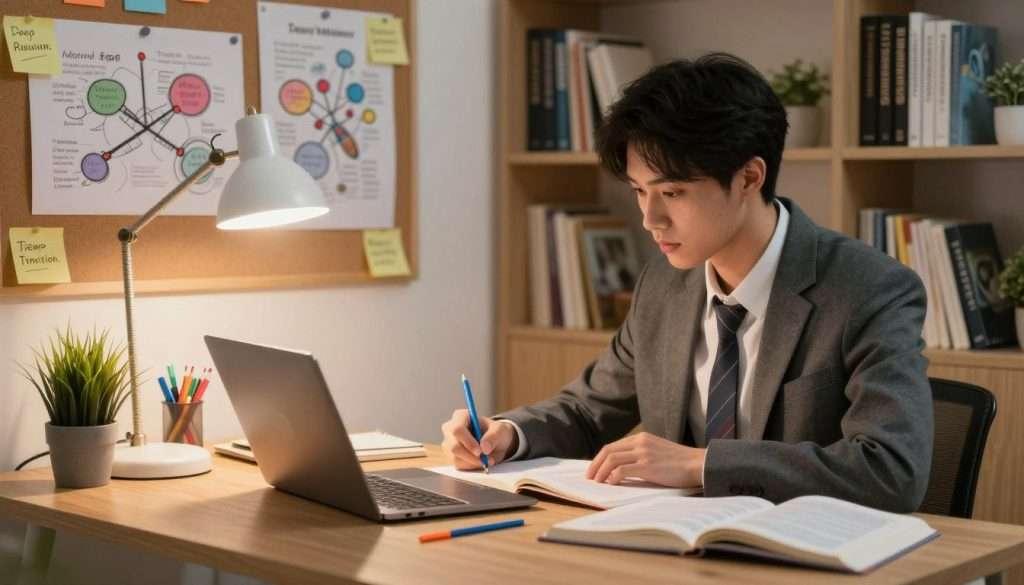 A serene study environment featuring a well-organized desk with an open laptop, textbooks, and colorful stationery. In the foreground, a focused young adult in professional attire is deeply engaged in studying, highlighted by soft, warm lighting that emanates from a nearby desk lamp. Surrounding the workspace, practical study techniques are illustrated subtly: sticky notes with keywords, mind maps pinned to a bulletin board, and a small plant for a touch of nature. The background features a cozy bookshelf filled with various educational materials, creating an atmosphere of dedication and growth. The image captures a sense of calm determination, encouraging viewers to visualize effective study methods for deep retention.