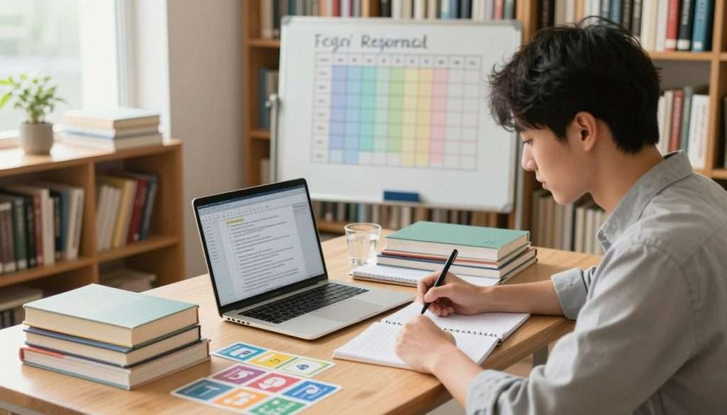 A serene study environment featuring a well-organized desk with books, flashcards, and a laptop displaying study materials. In the foreground, a young adult in smart casual attire is actively engaging with the materials, taking notes with a focused expression. The middle ground includes a whiteboard with a color-coded spaced repetition schedule, neatly displayed. The background showcases a cozy library with bookshelves filled with various texts, soft natural light streaming in through a window, creating a warm and inviting atmosphere. The camera angle is slightly overhead, capturing both the desk and the bookshelf while emphasizing the study process. The overall mood is focused and productive, inspiring motivation and effective learning techniques.