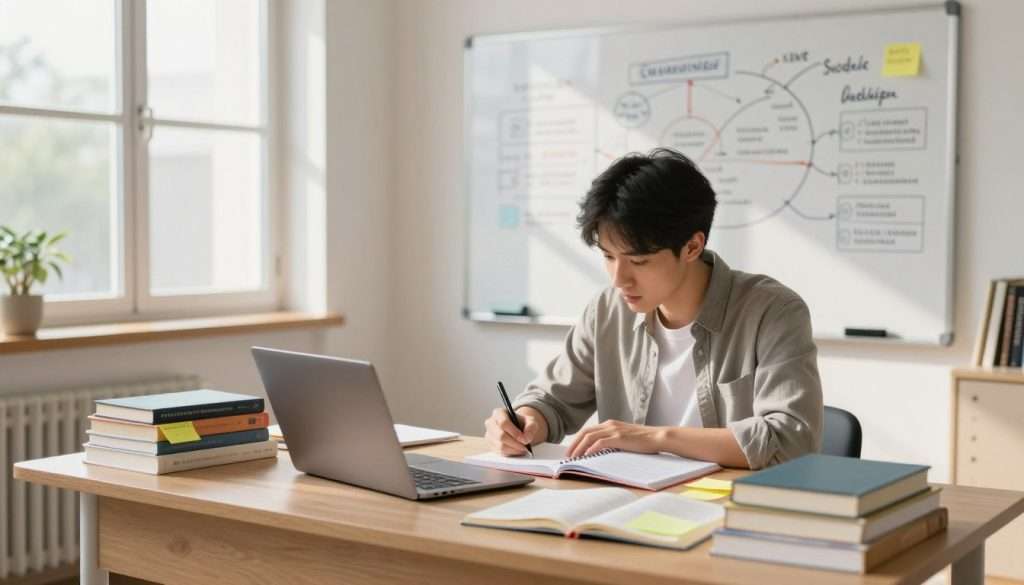 A serene study environment featuring a well-organized desk with notebooks, colorful sticky notes, and a laptop, symbolizing effective note-taking. In the foreground, a focused student in professional casual attire is deeply engaged in writing notes, surrounded by stacks of books. The middle ground showcases a whiteboard filled with mind maps and summarization techniques. The background features a large window letting in soft, natural light, casting gentle shadows across the room. The atmosphere is calm and inspiring, emphasizing concentration and productivity. The angle captures a slightly elevated view, creating an inviting and motivating scene for anyone seeking to implement progressive summarization techniques in their study habits. A serene study environment featuring a well-organized desk with notebooks, colorful sticky notes, and a laptop, symbolizing effective note-taking. In the foreground, a focused student in professional casual attire is deeply engaged in writing notes, surrounded by stacks of books. The middle ground showcases a whiteboard filled with mind maps and summarization techniques. The background features a large window letting in soft, natural light, casting gentle shadows across the room. The atmosphere is calm and inspiring, emphasizing concentration and productivity. The angle captures a slightly elevated view, creating an inviting and motivating scene for anyone seeking to implement progressive summarization techniques in their study habits.