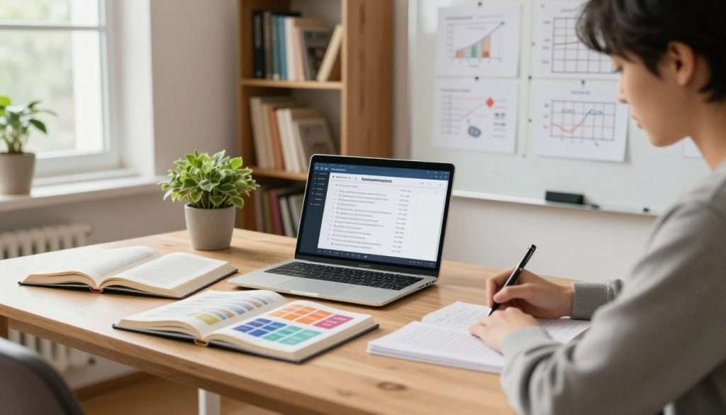 A serene study environment featuring a well-organized desk with open books, colorful flashcards, and a laptop displaying a spaced repetition software interface. In the foreground, a focused student in smart casual attire reviews notes with a pen, immersed in their work. In the middle, a whiteboard filled with charts and diagrams illustrating the spaced repetition technique is visible, accompanied by a potted plant adding a touch of nature. The background consists of a library shelf filled with neatly stacked books, and soft natural light pouring in from a nearby window, creating a warm and inviting ambiance. The overall mood is motivated and studious, capturing the essence of effective study techniques for long-term mastery.