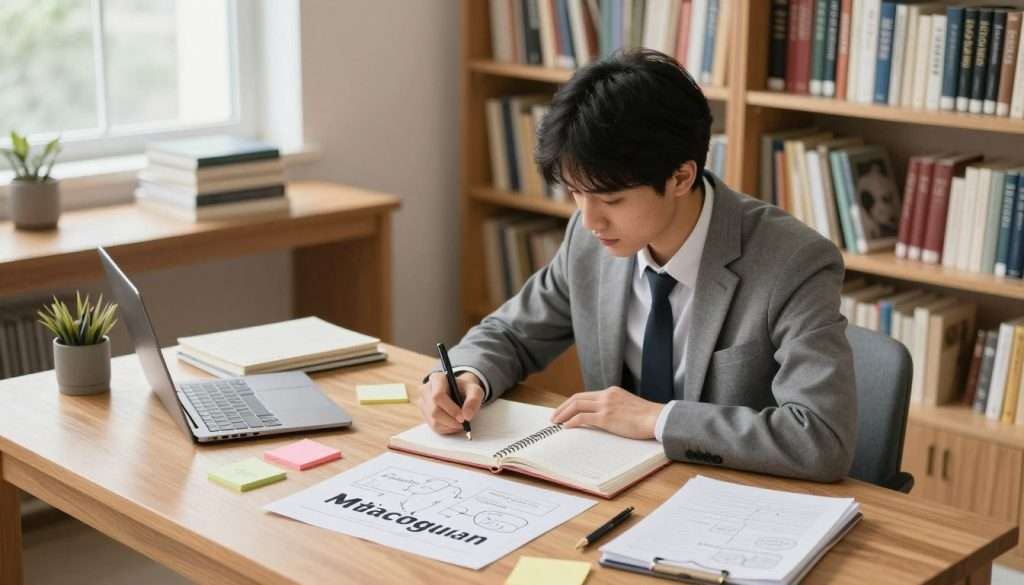 A serene study environment featuring a well-organized wooden desk surrounded by bookshelves filled with various academic texts and notebooks. In the foreground, a young adult in professional business attire is engaged in studying, surrounded by colorful sticky notes and diagrams that illustrate concepts of metacognition. The individual is focused, with a thoughtful expression, and is writing in a notebook. In the background, soft natural light streams through a large window, illuminating the space and creating a calm atmosphere. This scene captures a sense of concentration and the importance of self-regulated learning, showcasing optimal study habits in a warm, inviting study room that fosters cognitive development. The angle is slightly above eye level, creating a sense of depth and immersion in the study experience.
