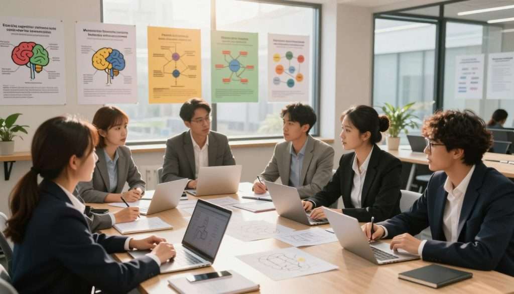 A serene study environment focused on effective learning strategies. In the foreground, a diverse group of individuals in professional business attire, deeply engaged in a collaborative learning session, exchanging ideas around a large table filled with notebooks, diagrams, and digital devices. In the middle ground, a wall adorned with colorful posters illustrating various cognitive models and strategies, such as mind maps and flow charts, symbolizing concepts of managing cognitive turbulence and overcoming plateaus. The background showcases a glassy window with gentle sunlight streaming in, casting a warm glow on the scene. The atmosphere is uplifting and motivational, emphasizing focus and teamwork, shot from a slightly elevated angle to capture the participants’ interactions and the welcoming study space. A serene study environment focused on effective learning strategies. In the foreground, a diverse group of individuals in professional business attire, deeply engaged in a collaborative learning session, exchanging ideas around a large table filled with notebooks, diagrams, and digital devices. In the middle ground, a wall adorned with colorful posters illustrating various cognitive models and strategies, such as mind maps and flow charts, symbolizing concepts of managing cognitive turbulence and overcoming plateaus. The background showcases a glassy window with gentle sunlight streaming in, casting a warm glow on the scene. The atmosphere is uplifting and motivational, emphasizing focus and teamwork, shot from a slightly elevated angle to capture the participants’ interactions and the welcoming study space.