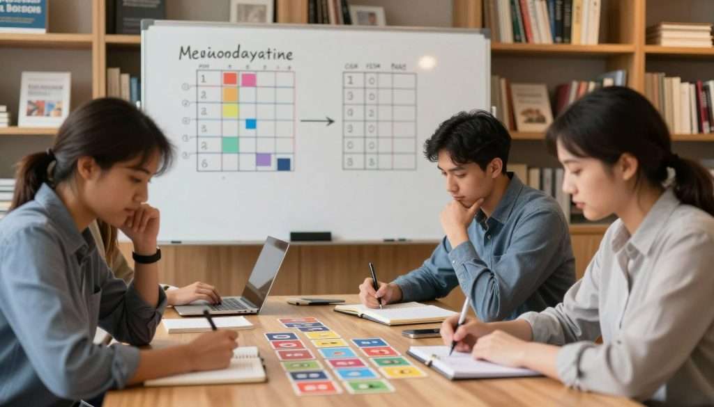 A serene study environment focused on memory retention and spaced repetition practice. In the foreground, a diverse group of three individuals—two men and one woman—are engaged in focused study, seated at a modern wooden table with colorful flashcards and notebooks in front of them. Each person, dressed in smart casual attire, appears deep in thought, with one person taking notes and another reviewing a flashcard. In the middle ground, a large whiteboard displays organized diagrams and spaced repetition charts illustrating learning patterns. The background features bookshelves filled with educational materials and warm ambient lighting, creating an inviting atmosphere. The overall mood is one of productivity and collaboration, emphasizing effective learning techniques. Use a soft-focus lens effect to highlight the foreground activities while slightly blurring the background.