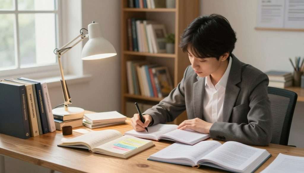 A serene study environment illustrating "study retention" in action. In the foreground, a focused student in professional attire sits at a wooden desk, surrounded by open textbooks and colorful study notes, diligently writing in a notebook. The middle ground features a well-organized bookshelf filled with academic books and a soft desk lamp casting warm light, enhancing concentration. In the background, large windows allow natural sunlight to stream in, illuminating the scene, creating a bright and inviting atmosphere. The overall mood is calm and productive, emphasizing focus and the effective refinement of study habits. The angle is slightly elevated, capturing the depth of the study space while maintaining a personal touch.