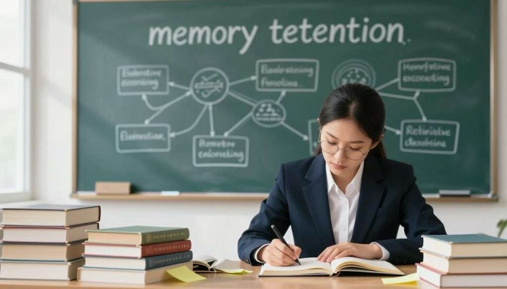 A serene study environment illustrating the concept of "memory retention." In the foreground, a focused individual in professional attire is engaged in deep study, surrounded by stacks of open books and colorful post-it notes. The middle ground features a large chalkboard filled with interconnected diagrams and mind maps, symbolizing elaborative encoding. The background introduces a window with soft, natural light streaming in, casting gentle shadows and creating a warm, inviting atmosphere. The color palette consists of calming blues and greens, evoking a sense of concentration and clarity. The overall mood is one of determination and intellectual curiosity, capturing the essence of enhancing memory retention through effective study techniques.