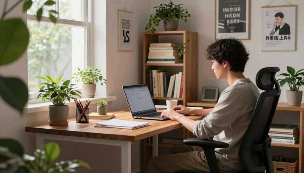 A serene study environment meticulously designed for deep focus, featuring a modern wooden desk with neatly arranged stationery, a laptop with soft glowing lights, and a comfortable ergonomic chair. In the foreground, a person in modest casual attire sits dynamically engaged in study, surrounded by houseplants for a calming effect. In the middle ground, a well-organized bookshelf filled with neatly stacked books and motivational posters on the walls promote productivity. The background shows a large window allowing natural light to illuminate the space, casting gentle shadows for a warm, inviting atmosphere. Soft ambient lighting enhances the focus-friendly vibe, with a subtle bokeh effect from light filtering through the leaves of plants, creating a tranquil, inspiring workspace. A serene study environment meticulously designed for deep focus, featuring a modern wooden desk with neatly arranged stationery, a laptop with soft glowing lights, and a comfortable ergonomic chair. In the foreground, a person in modest casual attire sits dynamically engaged in study, surrounded by houseplants for a calming effect. In the middle ground, a well-organized bookshelf filled with neatly stacked books and motivational posters on the walls promote productivity. The background shows a large window allowing natural light to illuminate the space, casting gentle shadows for a warm, inviting atmosphere. Soft ambient lighting enhances the focus-friendly vibe, with a subtle bokeh effect from light filtering through the leaves of plants, creating a tranquil, inspiring workspace.