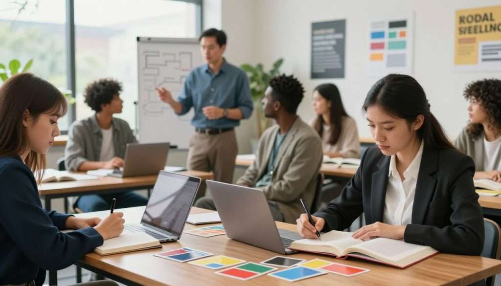A serene study environment showcases a diverse group of focused individuals engaging in interleaved learning methods. In the foreground, a young woman in professional business attire diligently takes notes from multiple open books while sitting at a wooden table cluttered with colorful flashcards and a laptop. In the middle ground, a middle-aged man in casual yet professional clothing discusses concepts with a diverse group, using a whiteboard filled with diagrams and flowcharts. The background features a large window with soft natural light streaming in, illuminating plants and motivational posters on the walls, creating a calm and productive atmosphere. The overall mood is vibrant and collaborative, emphasizing the effectiveness of varied study techniques through interleaving. A serene study environment showcases a diverse group of focused individuals engaging in interleaved learning methods. In the foreground, a young woman in professional business attire diligently takes notes from multiple open books while sitting at a wooden table cluttered with colorful flashcards and a laptop. In the middle ground, a middle-aged man in casual yet professional clothing discusses concepts with a diverse group, using a whiteboard filled with diagrams and flowcharts. The background features a large window with soft natural light streaming in, illuminating plants and motivational posters on the walls, creating a calm and productive atmosphere. The overall mood is vibrant and collaborative, emphasizing the effectiveness of varied study techniques through interleaving.