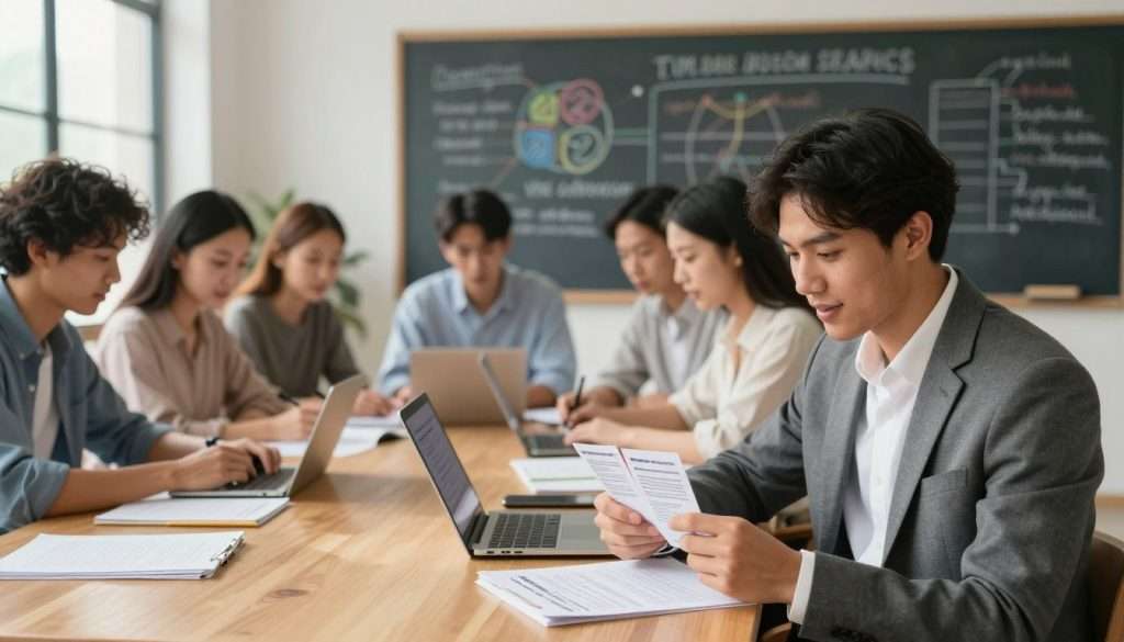 A serene study environment showcasing a diverse group of focused individuals engaged in spaced repetition. In the foreground, a young professional in business attire flips through flashcards, their expression a mix of concentration and enthusiasm. In the middle, a diverse group of learners collaborates at a long wooden table, each with study materials and digital devices outlining concepts. The background features a large chalkboard filled with colorful diagrams and notes related to memory retention strategies, illuminated by warm natural light streaming through large windows. The overall atmosphere is one of inspiration and productivity, with a soft focus on the chalkboard enhancing the clarity of the scene. A serene study environment showcasing a diverse group of focused individuals engaged in spaced repetition. In the foreground, a young professional in business attire flips through flashcards, their expression a mix of concentration and enthusiasm. In the middle, a diverse group of learners collaborates at a long wooden table, each with study materials and digital devices outlining concepts. The background features a large chalkboard filled with colorful diagrams and notes related to memory retention strategies, illuminated by warm natural light streaming through large windows. The overall atmosphere is one of inspiration and productivity, with a soft focus on the chalkboard enhancing the clarity of the scene.