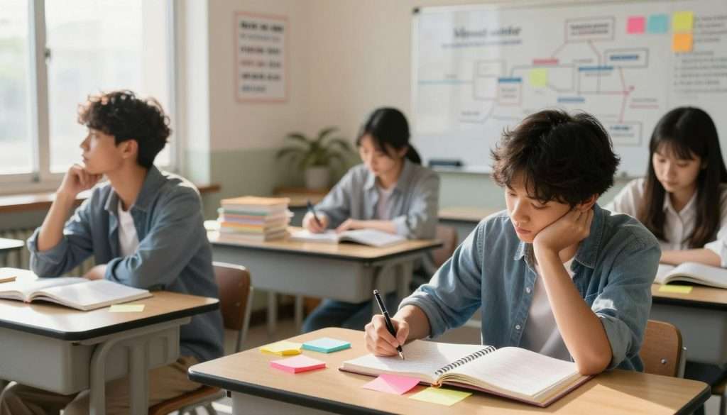 A serene study environment showcasing a diverse group of high school students engaged in metacognitive practices. In the foreground, a student sits at a desk, writing notes in a planner, surrounded by colorful sticky notes and textbooks. Another student is deep in thought, gazing out a window, symbolizing reflective thinking. In the middle, a well-organized study area features a whiteboard filled with brainstorming diagrams and key concepts. A motivational poster about metacognition is visible on the wall. In the background, sunlight streams through large windows, creating a warm and inviting atmosphere. The scene captures a sense of focus and determination, with a shallow depth of field highlighting the students and blurring the background slightly. The overall mood is inspirational and productive, encouraging a sense of academic success and growth.