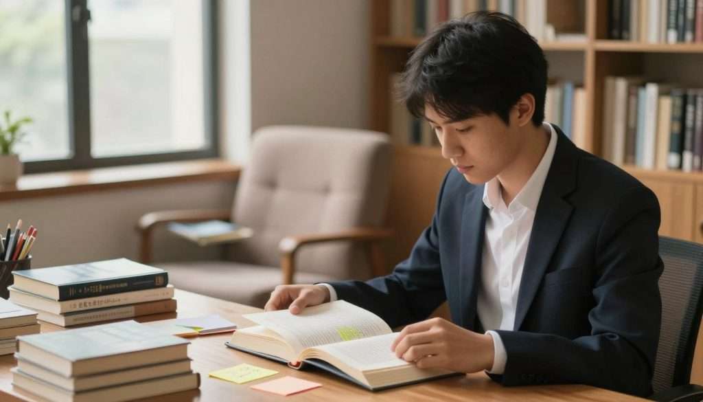 A serene study environment showcasing a person deeply engaged in reading. In the foreground, a young adult of Asian descent, in professional business attire, is sitting at a wooden desk cluttered with various books and colorful sticky notes. The middle ground features a large window letting in warm, natural light, illuminating the pages of an open book, filled with highlighted text and handwritten notes. A cozy armchair sits by the window, inviting leisure reading. In the background, shelves filled with books create a scholarly atmosphere, with a soft blur effect emphasizing the focus on the reader. The overall mood is calm and focused, conveying a sense of purposeful learning and improvement in reading retention and comprehension gains.