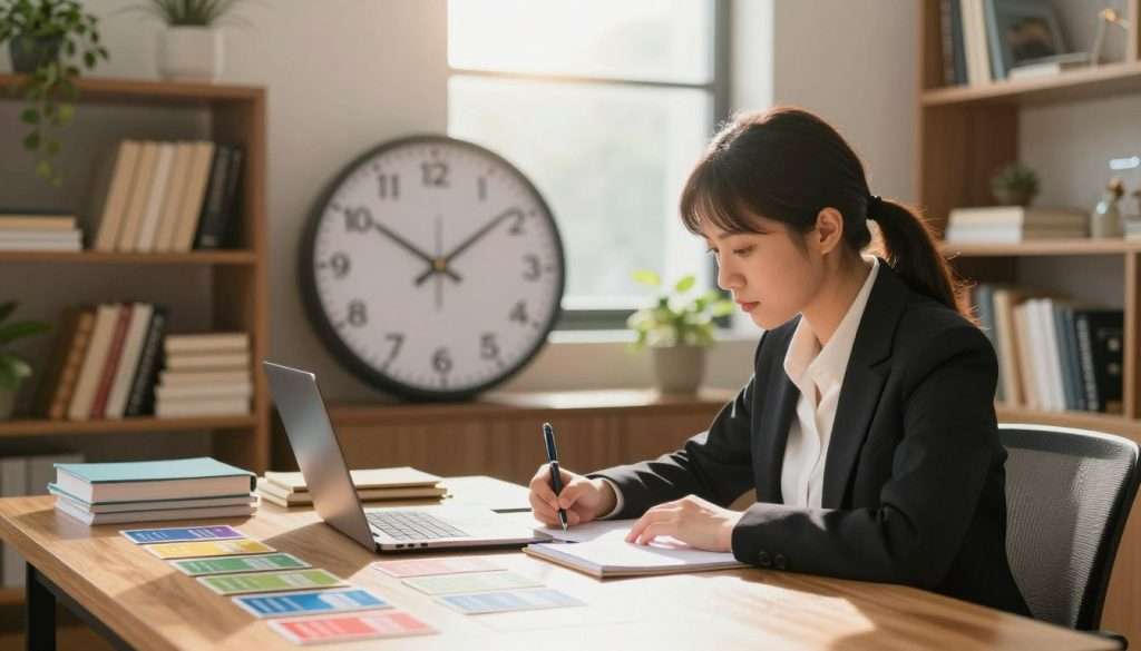 A serene study environment showcasing a person engaged in spaced repetition learning. In the foreground, a focused woman in professional business attire sits at a wooden desk scattered with colorful flashcards, a laptop open next to her. In the middle, a large wall clock ticks softly, symbolizing the passage of time, while bookshelves laden with neatly organized books create a warm and inviting atmosphere. The background features soft, natural light streaming through a window, casting gentle shadows, and indoor plants adding a touch of greenery. Capture a mood of concentration and determination, with a lens flare for a touch of inspiration. The composition should evoke a sense of calm and productivity, emphasizing the theme of mastering long-term memory through effective study techniques. A serene study environment showcasing a person engaged in spaced repetition learning. In the foreground, a focused woman in professional business attire sits at a wooden desk scattered with colorful flashcards, a laptop open next to her. In the middle, a large wall clock ticks softly, symbolizing the passage of time, while bookshelves laden with neatly organized books create a warm and inviting atmosphere. The background features soft, natural light streaming through a window, casting gentle shadows, and indoor plants adding a touch of greenery. Capture a mood of concentration and determination, with a lens flare for a touch of inspiration. The composition should evoke a sense of calm and productivity, emphasizing the theme of mastering long-term memory through effective study techniques.
