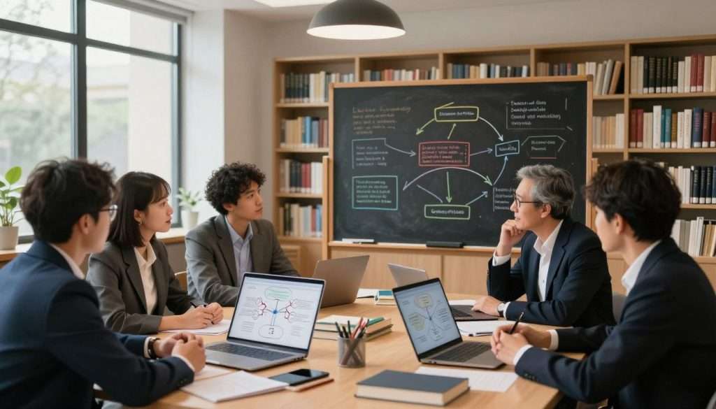 A serene study environment showcasing advanced learning techniques. In the foreground, a diverse group of professionals in business attire are engaged in collaborative discussion around a table filled with books, notes, and digital devices displaying mind maps and diagrams. In the middle ground, a large blackboard features colorful diagrams illustrating memory techniques like spaced repetition and visualization strategies. In the background, a well-lit library with shelves of books and modern light fixtures creates an inviting atmosphere. Soft, natural light filters through a large window, casting gentle shadows, enhancing the mood of focus and creativity. The overall composition conveys a sense of engagement, intellect, and the joy of learning. A serene study environment showcasing advanced learning techniques. In the foreground, a diverse group of professionals in business attire are engaged in collaborative discussion around a table filled with books, notes, and digital devices displaying mind maps and diagrams. In the middle ground, a large blackboard features colorful diagrams illustrating memory techniques like spaced repetition and visualization strategies. In the background, a well-lit library with shelves of books and modern light fixtures creates an inviting atmosphere. Soft, natural light filters through a large window, casting gentle shadows, enhancing the mood of focus and creativity. The overall composition conveys a sense of engagement, intellect, and the joy of learning.