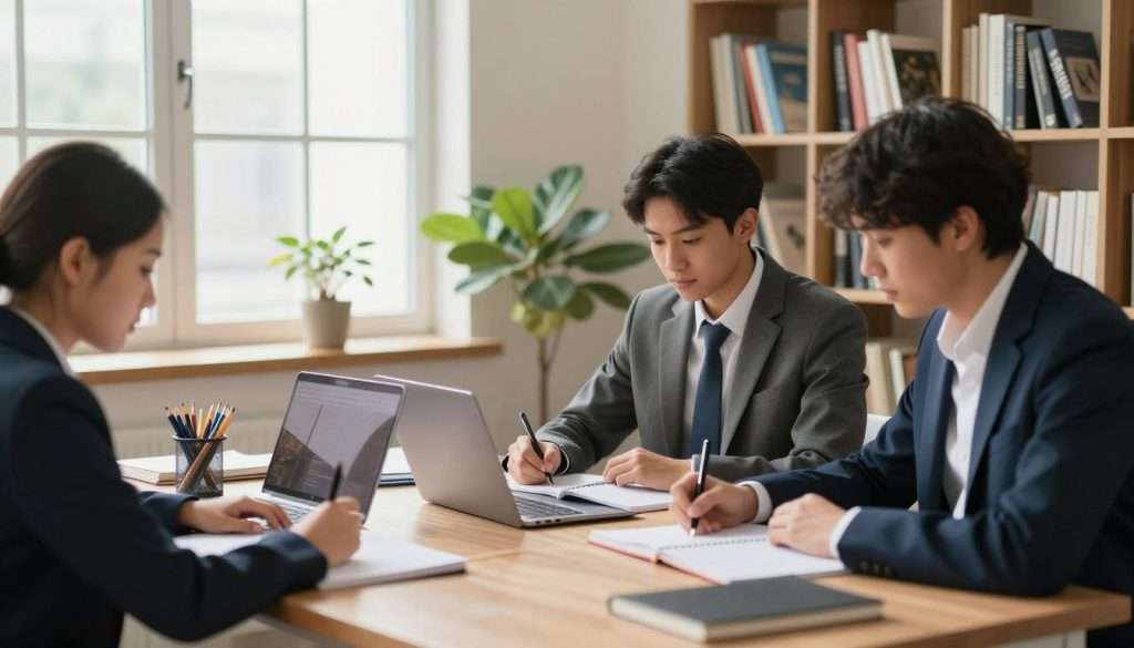 A serene study environment showcasing an organized desk with study materials and tools. In the foreground, a diverse group of three students in professional business attire are engaged in a focused study session, surrounded by notebooks, a laptop, and stationery. In the middle ground, a bright window lets in natural light, illuminating a potted plant that adds a touch of nature. The background features a bookshelf filled with various educational books, creating an inviting and scholarly atmosphere. The overall lighting is warm and soft, enhancing the feeling of productivity and concentration. The scene captures the essence of environmental factors that contribute to effective studying, promoting an atmosphere conducive to learning and retention.