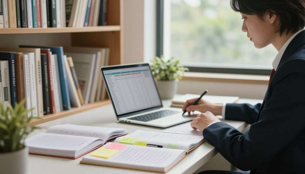 A serene study environment showcasing effective studying techniques. In the foreground, a focused student in professional business attire, sitting at a clutter-free desk, surrounded by open notebooks, highlighting key points with colorful sticky notes. In the middle ground, a neatly organized bookshelf filled with essential study materials, and a laptop displaying a digital study planner. The background features a large window letting in soft, natural light that creates a warm atmosphere, with fresh greenery outside, symbolizing clarity and focus. The composition should be captured with a slightly blurred effect to emphasize the student’s engagement with their study materials. The overall mood is peaceful and motivating, promoting a sense of productivity and learning efficiency. A serene study environment showcasing effective studying techniques. In the foreground, a focused student in professional business attire, sitting at a clutter-free desk, surrounded by open notebooks, highlighting key points with colorful sticky notes. In the middle ground, a neatly organized bookshelf filled with essential study materials, and a laptop displaying a digital study planner. The background features a large window letting in soft, natural light that creates a warm atmosphere, with fresh greenery outside, symbolizing clarity and focus. The composition should be captured with a slightly blurred effect to emphasize the student’s engagement with their study materials. The overall mood is peaceful and motivating, promoting a sense of productivity and learning efficiency.