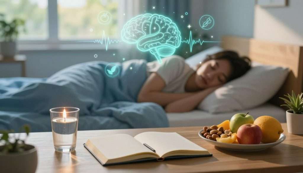 A serene study environment showcasing the essence of boosting memory retention through sleep and nutrition. In the foreground, a cozy desk with an open notebook, glowing with soft candlelight, and a glass of water beside a healthy meal featuring vibrant fruits and nuts. The middle ground reveals a peaceful sleeping person, draped in comfortable bedding, surrounded by illustrations of brainwaves and nutritional symbols emanating softly, symbolizing the consolidation of memories. In the background, a large window allows warm sunlight to filter in, casting gentle shadows that enhance the tranquil atmosphere. The overall mood is calming and inspirational, invoking a sense of clarity and focus, with a color palette of soft blues, greens, and warm yellows. A serene study environment showcasing the essence of boosting memory retention through sleep and nutrition. In the foreground, a cozy desk with an open notebook, glowing with soft candlelight, and a glass of water beside a healthy meal featuring vibrant fruits and nuts. The middle ground reveals a peaceful sleeping person, draped in comfortable bedding, surrounded by illustrations of brainwaves and nutritional symbols emanating softly, symbolizing the consolidation of memories. In the background, a large window allows warm sunlight to filter in, casting gentle shadows that enhance the tranquil atmosphere. The overall mood is calming and inspirational, invoking a sense of clarity and focus, with a color palette of soft blues, greens, and warm yellows.