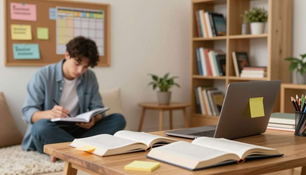 A serene study environment showcasing various self-study techniques. In the foreground, a wooden desk cluttered with open books, colorful sticky notes, and a laptop, providing a sense of active learning. To the left, a focused young adult in professional casual attire, sitting cross-legged on a plush rug, engaged in note-taking, expressing determination and concentration. In the midground, a corkboard filled with inspirational quotes and study schedules, symbolizing organization and motivation. In the background, a softly lit bookshelf filled with various educational resources and plants, creating a cozy, inviting atmosphere. Use warm, natural lighting to enhance the focus on the study session, with a soft depth of field that blurs the background slightly, bringing attention to the study techniques being employed. The overall mood is inspirational and productive, conveying a sense of overcoming obstacles in self-study. A serene study environment showcasing various self-study techniques. In the foreground, a wooden desk cluttered with open books, colorful sticky notes, and a laptop, providing a sense of active learning. To the left, a focused young adult in professional casual attire, sitting cross-legged on a plush rug, engaged in note-taking, expressing determination and concentration. In the midground, a corkboard filled with inspirational quotes and study schedules, symbolizing organization and motivation. In the background, a softly lit bookshelf filled with various educational resources and plants, creating a cozy, inviting atmosphere. Use warm, natural lighting to enhance the focus on the study session, with a soft depth of field that blurs the background slightly, bringing attention to the study techniques being employed. The overall mood is inspirational and productive, conveying a sense of overcoming obstacles in self-study.