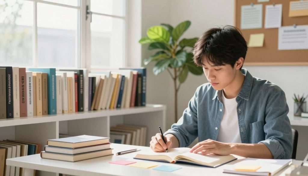 A serene study environment that embodies the theme of transforming study habits. In the foreground, a young adult, dressed in smart casual attire, sits at a neatly organized desk, focused intently on an open book and colorful notes. Bright, natural light streams through a window, casting a warm glow. In the middle, shelves filled with neatly arranged books and motivational quotes can be seen, reflecting a supportive learning atmosphere. The background features a leafy green plant and a corkboard with pinned resources, emphasizing organization and creativity. The overall mood is inspiring and uplifting, evoking determination and clarity as the viewer contemplates their own study routine overhaul. The composition is balanced, shot from a slight angle to create depth and engagement without text or distractions.