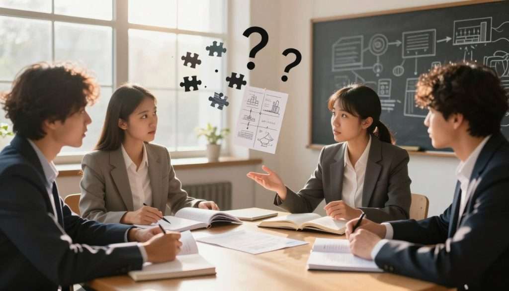 A serene study environment, warmly lit by soft, golden hour sunlight filtering through a window, illuminating an organized desk. In the foreground, a diverse group of three individuals dressed in professional attire, deeply engaged in discussion, with open books and notebooks scattered around them, reflecting a sense of collaboration. In the middle ground, visual elements representing confusion, such as scattered puzzle pieces and question marks, gradually transitioning into organized notes and diagrams, symbolizing clarity. In the background, a chalkboard with neatly sketched ideas adds to the educational atmosphere. The overall mood is one of empowerment and focus, capturing the transformative journey from confusion to clarity, inspiring viewers to embrace their learning process. A serene study environment, warmly lit by soft, golden hour sunlight filtering through a window, illuminating an organized desk. In the foreground, a diverse group of three individuals dressed in professional attire, deeply engaged in discussion, with open books and notebooks scattered around them, reflecting a sense of collaboration. In the middle ground, visual elements representing confusion, such as scattered puzzle pieces and question marks, gradually transitioning into organized notes and diagrams, symbolizing clarity. In the background, a chalkboard with neatly sketched ideas adds to the educational atmosphere. The overall mood is one of empowerment and focus, capturing the transformative journey from confusion to clarity, inspiring viewers to embrace their learning process.