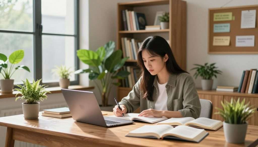 A serene study room designed for optimizing brain function, with an elegant wooden desk in the foreground, scattered with open books and a glowing laptop. In the middle, a young woman dressed in smart, casual clothing is engaged deeply in her studies, with a focused expression, surrounded by plants symbolizing health and vitality. Soft, natural light spills in from a large window, creating a warm atmosphere and highlighting the vibrant green of the plants. In the background, a well-organized bookshelf filled with educational materials stands tall, while a corkboard displaying motivational quotes adds inspiration. The scene captures a productive and peaceful environment, evoking a sense of clarity and determination essential for peak academic performance. A serene study room designed for optimizing brain function, with an elegant wooden desk in the foreground, scattered with open books and a glowing laptop. In the middle, a young woman dressed in smart, casual clothing is engaged deeply in her studies, with a focused expression, surrounded by plants symbolizing health and vitality. Soft, natural light spills in from a large window, creating a warm atmosphere and highlighting the vibrant green of the plants. In the background, a well-organized bookshelf filled with educational materials stands tall, while a corkboard displaying motivational quotes adds inspiration. The scene captures a productive and peaceful environment, evoking a sense of clarity and determination essential for peak academic performance.