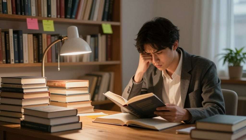 A serene study room filled with an array of challenging books stacked on a wooden desk, illuminated by warm, soft lighting from a vintage desk lamp. In the foreground, a person in smart casual attire sits absorbed in reading a thick, densely-typed book with an expression of concentration and slight frustration. Their brow is furrowed, hinting at the mental effort involved. In the middle ground, a wall lined with bookshelves, showcasing various genres of literature and some colorful sticky notes peeking out. The background shows a comfy armchair and a small potted plant, enhancing the calming ambiance. The overall atmosphere reflects determination and a quiet struggle against the complexity of ideas, evoking the theme of overcoming reading obstacles.