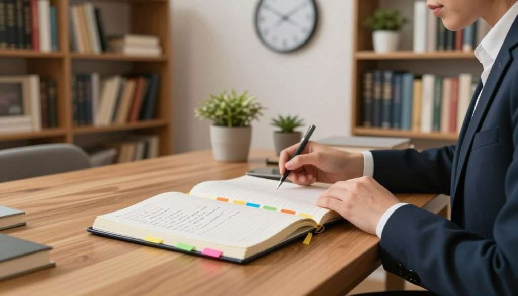 A serene study room filled with bookshelves, showcasing a diverse collection of books. In the foreground, a wooden table features an open notebook with handwritten notes and colorful sticky tabs, symbolizing a system of spaced repetition. A well-dressed person (in professional attire) is sitting at the table, thoughtfully reviewing the notes with a focused expression. In the middle ground, a wall clock emphasizes the passage of time, while a few potted plants add a touch of life. In the background, warm, soft lighting creates an inviting atmosphere, enhancing the feeling of concentration and reflection. The camera angle captures the scene from a slightly elevated perspective, encouraging a sense of engagement with the study process. A serene study room filled with bookshelves, showcasing a diverse collection of books. In the foreground, a wooden table features an open notebook with handwritten notes and colorful sticky tabs, symbolizing a system of spaced repetition. A well-dressed person (in professional attire) is sitting at the table, thoughtfully reviewing the notes with a focused expression. In the middle ground, a wall clock emphasizes the passage of time, while a few potted plants add a touch of life. In the background, warm, soft lighting creates an inviting atmosphere, enhancing the feeling of concentration and reflection. The camera angle captures the scene from a slightly elevated perspective, encouraging a sense of engagement with the study process.