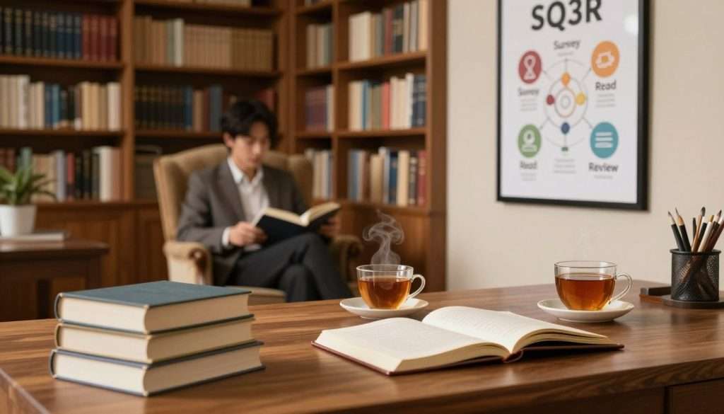 A serene study room illuminated by soft, warm lighting. In the foreground, a wooden desk displays a neatly stacked pile of books, open notebooks, and a cup of steaming tea. A framed poster on the wall illustrates the SQ3R method (Survey, Question, Read, Recite, Review) with visually engaging icons. In the middle ground, a focused individual in professional attire sits comfortably in a vintage armchair, surrounded by bookshelves filled with an array of literature. The background features softly blurred shelves of books, enhancing the atmosphere of knowledge and concentration. There’s a cozy, inviting mood, evoking a sense of tranquility and deep comprehension, perfect for reading and retaining information. Use a wide-angle lens for a spacious feel, capturing rich wood textures and warm tones. A serene study room illuminated by soft, warm lighting. In the foreground, a wooden desk displays a neatly stacked pile of books, open notebooks, and a cup of steaming tea. A framed poster on the wall illustrates the SQ3R method (Survey, Question, Read, Recite, Review) with visually engaging icons. In the middle ground, a focused individual in professional attire sits comfortably in a vintage armchair, surrounded by bookshelves filled with an array of literature. The background features softly blurred shelves of books, enhancing the atmosphere of knowledge and concentration. There’s a cozy, inviting mood, evoking a sense of tranquility and deep comprehension, perfect for reading and retaining information. Use a wide-angle lens for a spacious feel, capturing rich wood textures and warm tones.