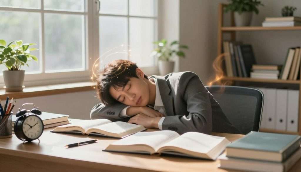 A serene study room with a large window letting in soft, natural light, casting gentle shadows across a comfortable chair where a person in business attire is peacefully napping. In the foreground, a cluttered desk filled with open textbooks, notebooks, and a quietly ticking clock, symbolizing the juxtaposition of active studying and restful napping. In the middle, a faint glow emanates around the napping figure's head, symbolizing the process of memory consolidation, with subtle wisps of glowing light representing memories being processed. In the background, a calming shelf lined with plants and study materials, creating a tranquil atmosphere. The overall mood should evoke a sense of relaxation and productivity, illustrating the beneficial impact of napping on learning and memory without any distractions or interruptions.