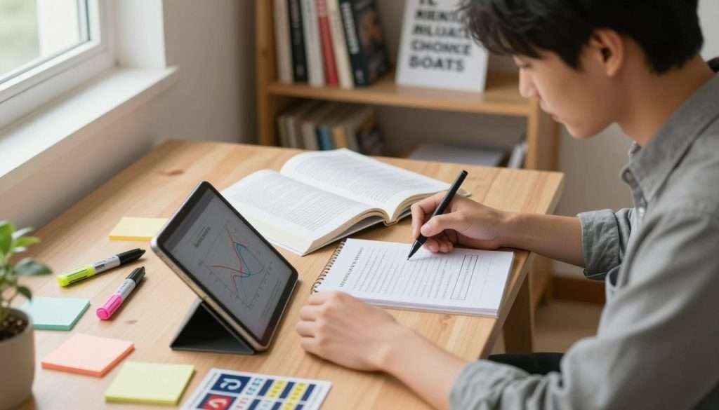 A serene study scene depicting a cozy, organized workspace. In the foreground, a young professional person, dressed in smart casual attire, is focused on reviewing notes using a digital tablet. Scattered around are highlighters, sticky notes, and flashcards, illustrating the concept of spaced repetition in studying. In the middle ground, an open book lies on the desk with visualized graphs depicting the forgetting curve, emphasizing the importance of revisiting information. The background features a well-lit bookshelf filled with study materials and motivational posters. Soft, natural lighting pours in from a window, creating a calm and inspiring atmosphere conducive to learning. The angle is slightly tilted down, emphasizing the diligent student's engagement while maintaining a professional ambiance. A serene study scene depicting a cozy, organized workspace. In the foreground, a young professional person, dressed in smart casual attire, is focused on reviewing notes using a digital tablet. Scattered around are highlighters, sticky notes, and flashcards, illustrating the concept of spaced repetition in studying. In the middle ground, an open book lies on the desk with visualized graphs depicting the forgetting curve, emphasizing the importance of revisiting information. The background features a well-lit bookshelf filled with study materials and motivational posters. Soft, natural lighting pours in from a window, creating a calm and inspiring atmosphere conducive to learning. The angle is slightly tilted down, emphasizing the diligent student's engagement while maintaining a professional ambiance.