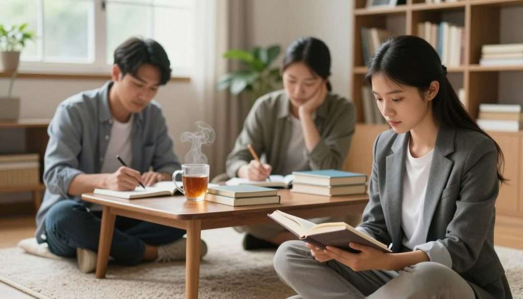 A serene study scene featuring a diverse group of three individuals engaged in slow learning. In the foreground, a young woman in professional attire sits cross-legged on a cozy rug, intently reading a book with a thoughtful expression. Beside her, a middle-aged man, also in business casual clothing, diligently takes notes on a notepad. In the middle space, a wooden table is strewn with assorted books and stationery, a steaming mug of tea exuding warmth. The background is a softly lit room with a large window allowing natural light to filter through, illuminating shelves filled with books and plants, creating a tranquil atmosphere. The mood is focused and reflective, embodying the essence of overcoming resistance to slow learning. Shot from a slightly elevated angle to capture the depth of the scene.